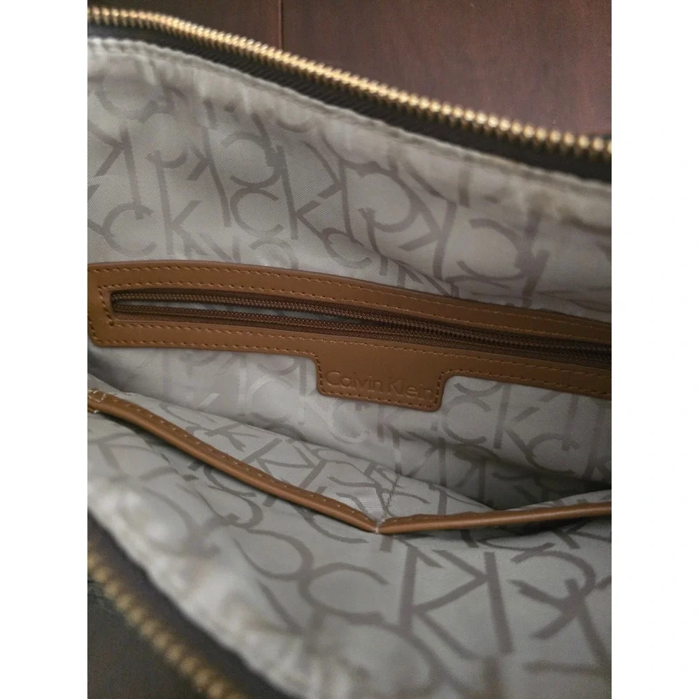 Calvin Klein Brown Monogram Logo Hobo Shoulder Bag Gold Hardware Large